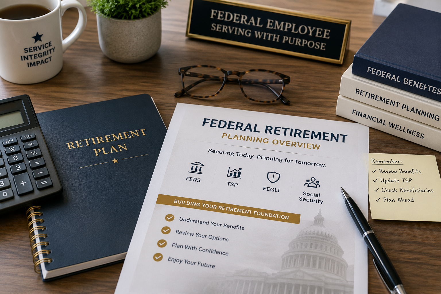 Federal employee reviewing FERS, TSP, FEGLI, and Social Security benefits